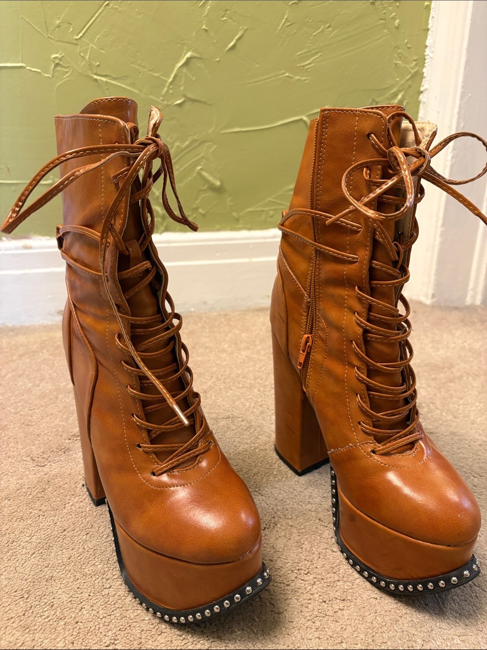 Chase + Chloe Cognac Lace-Up Platform Block Heel Boots